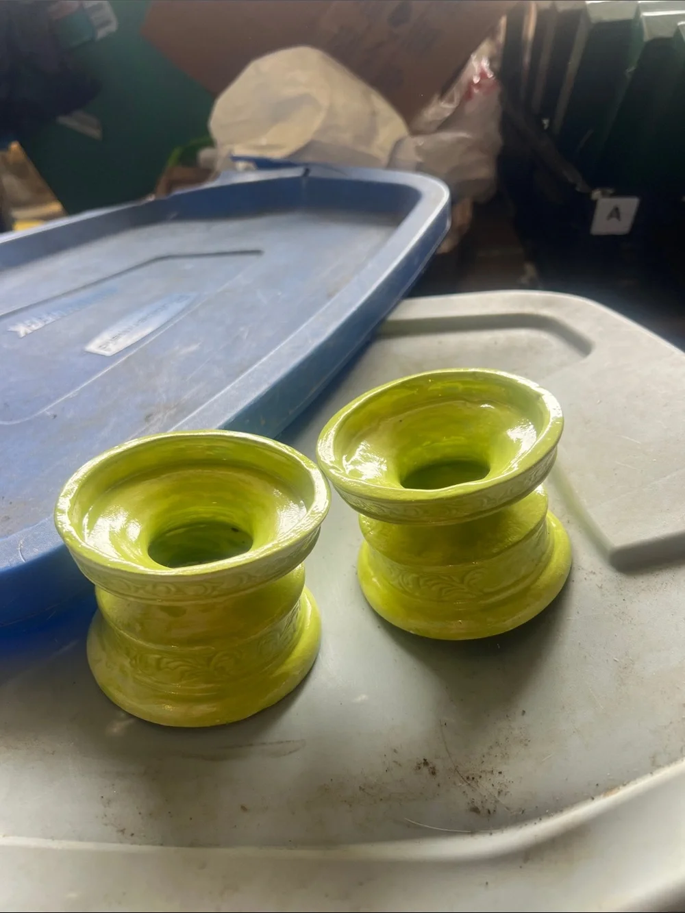 Hand Crafted Lime Green Ceramic Candle Holders - Pair